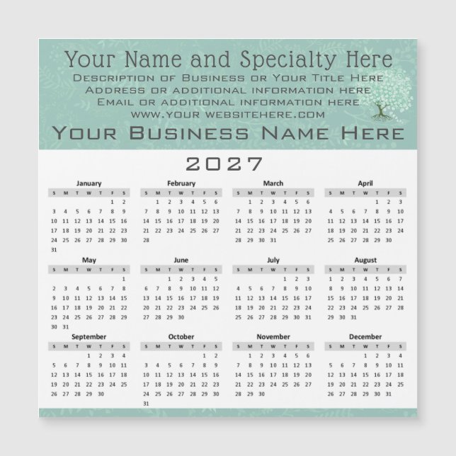 2026 Calendar Heart Leaf Tree Floral Mint Green (Front)