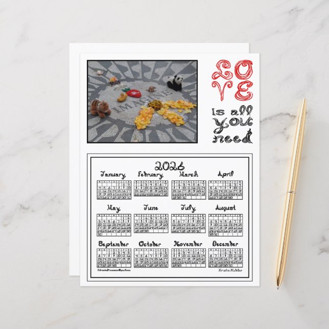 2026 Calendar Imagine Peace Photo Love Fabric Font (Front/Back In Situ)