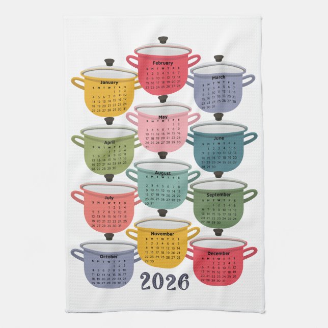 2026 Calendar Kitchen Colourful Cookware Tea Towel (Vertical)