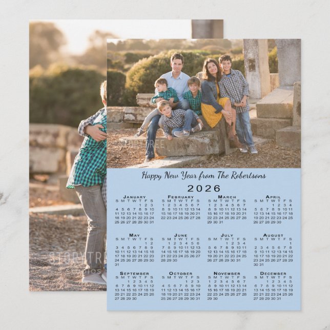 2026 Calendar Light Blue 2 Photos Happy New Year Holiday Card (Front/Back)