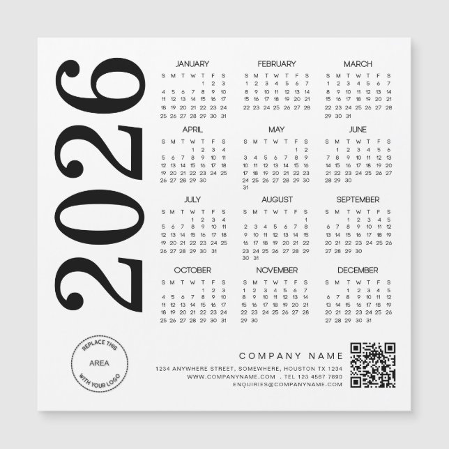 2026 Calendar Logo QR Code Black & White Business (Front)