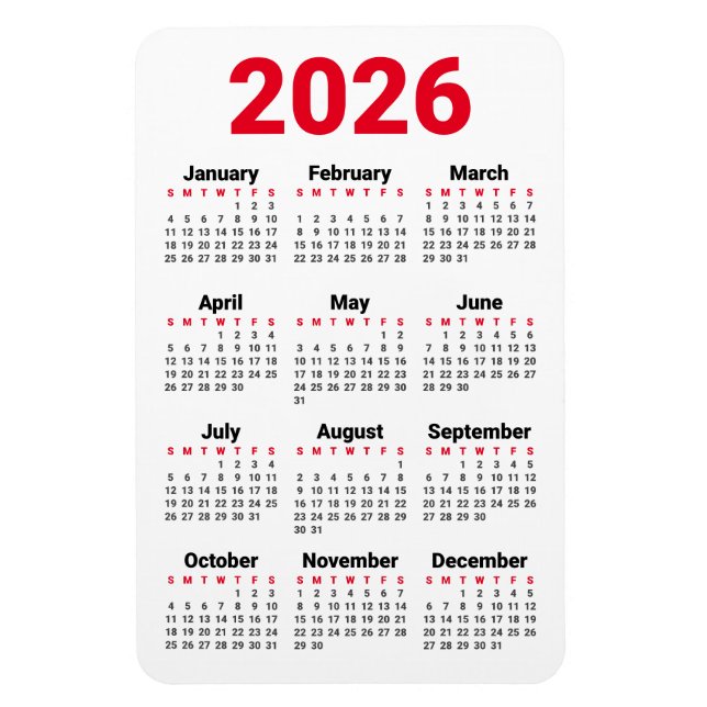 2026 Calendar Magnet | Red Black Grey White (Vertical)