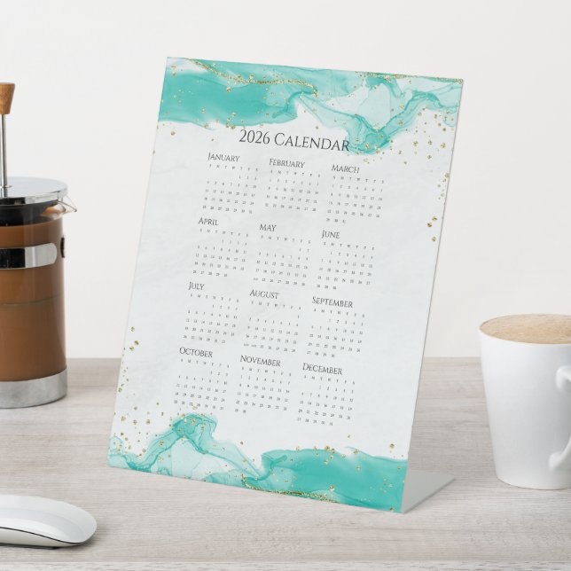 2026 Calendar Marbled Waves Tropical Teal and Gold Pedestal Sign (In SItu)