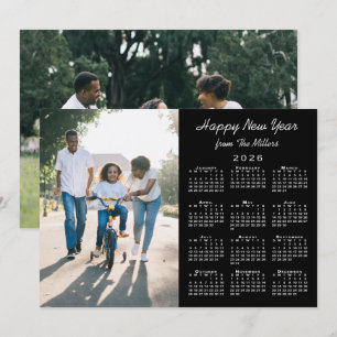 2026 Calendar Modern Black 2 Photo Happy New Year Holiday Card