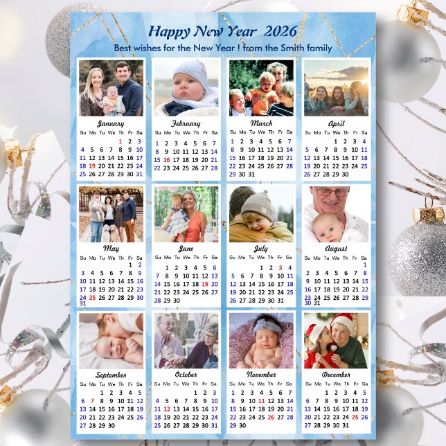 2026 Calendar Modern Blue Gold 12 Photo Collage  Holiday Card (Creator Uploaded)