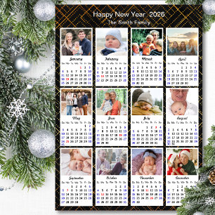 2026 Calendar Modern Family 12 Photo Black Gold Holiday Card