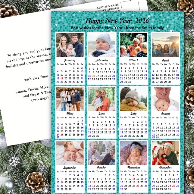 2026 Calendar Modern Family 12 Photo Blue Glitter Holiday Postcard (Creator Uploaded)