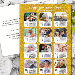 2026 Calendar Modern Family 12 Photo Gold Glitter Holiday Postcard