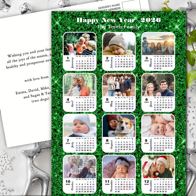 2026 Calendar Modern Family 12 Photo Green Glitter Holiday Postcard (Creator Uploaded)