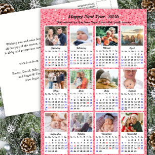 2026 Calendar Modern Family 12 Photo Pink Glitter Holiday Postcard