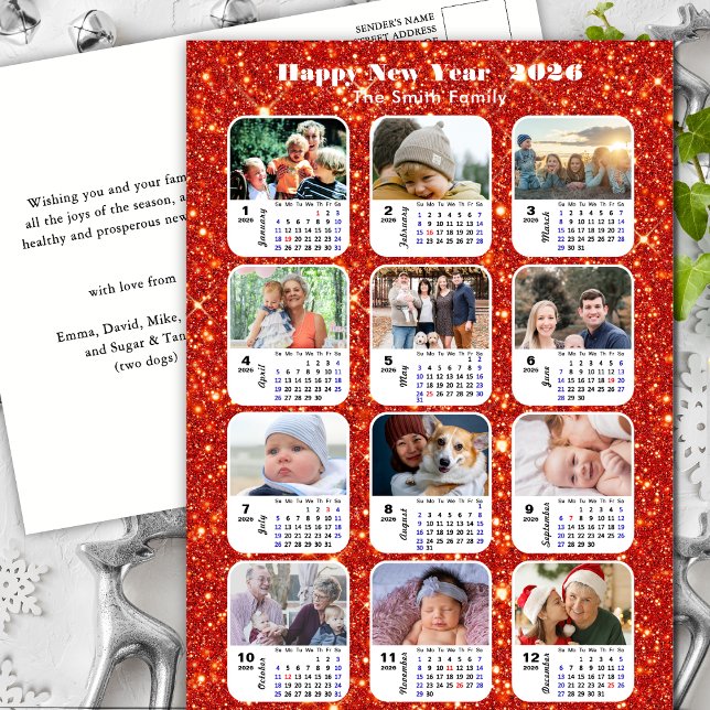 2026 Calendar Modern Family 12 Photo Red Glitter Holiday Postcard (Creator Uploaded)