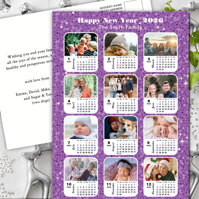2026 Calendar Modern Family Photo Purple Glitter Holiday Postcard (Creator Uploaded)