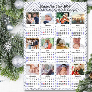 2026 Calendar Modern Family Photo Silver Glitter Holiday Card