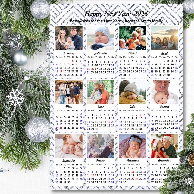 2026 Calendar Modern Family Photo Silver Glitter Holiday Card (Creator Uploaded)