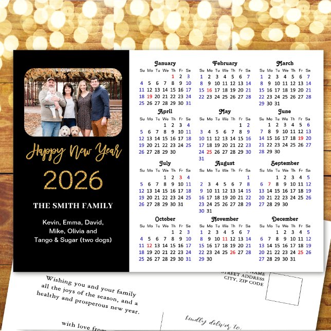 2026 Calendar Modern Gold Glitter Photo Minimalist Holiday Postcard (Creator Uploaded)