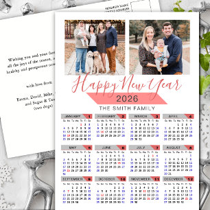 2026 Calendar Modern Pink Family Photo Minimalist Holiday Postcard