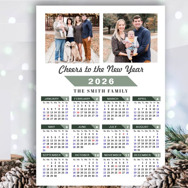 2026 Calendar Modern Sage Green Minimalist 2 Photo Holiday Card (Creator Uploaded)