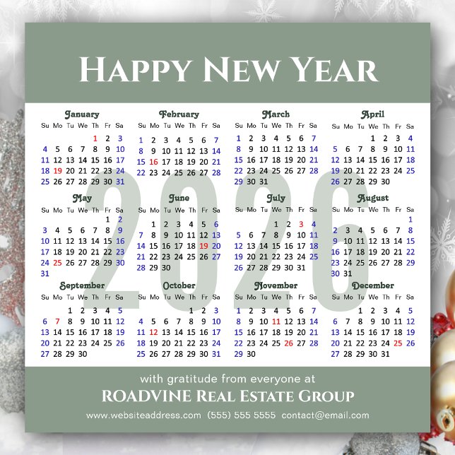 2026 Calendar Modern Script Sage Green Business Holiday Card (Creator Uploaded)