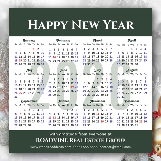 2026 Calendar Modern Script Sage Green Business Holiday Card (Creator Uploaded)