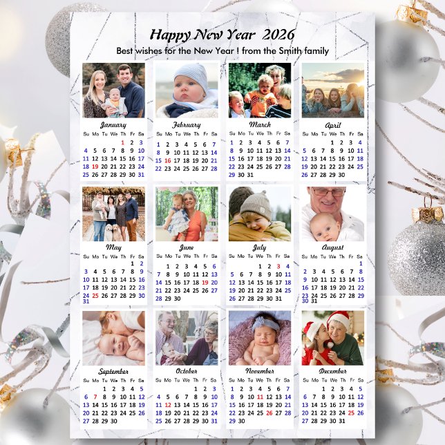 2026 Calendar Modern Silver 12 Photo Collage Holiday Card (Creator Uploaded)