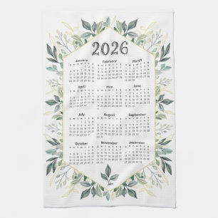 2026 Calendar Modern Watercolor Botanical Leaves Tea Towel