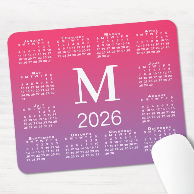 2026 Calendar Monogram on Pink to Purple Gradient Mouse Mat (2026 Calendar Monogram on Pink to Purple Gradient Mouse Pad, in situ)