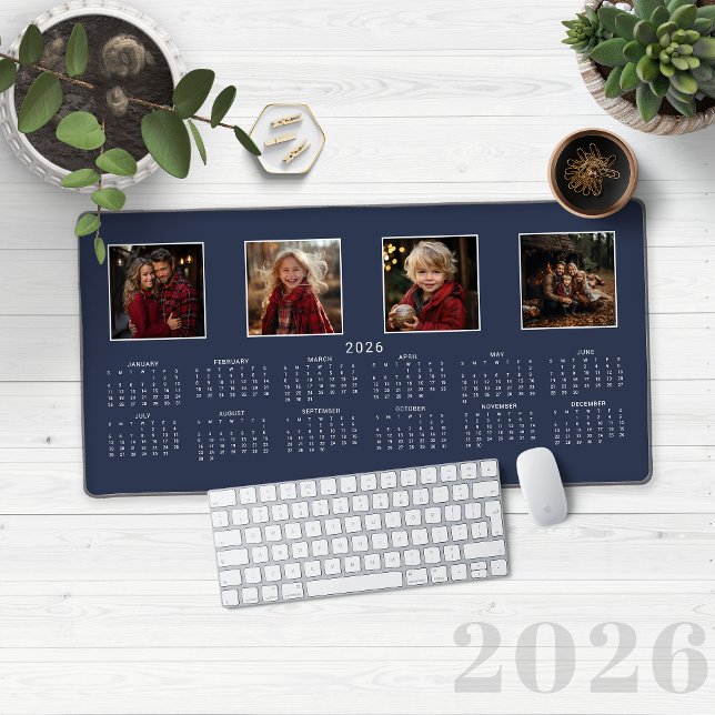 2026 Calendar Navy Blue Modern Photo Collage Desk Mat (2026 Calendar Navy Blue Modern Photo Collage Desk Mat)