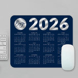2026 Calendar Navy Blue & Silver Company Logo Mouse Mat<br><div class="desc">Create custom 2026 calendar mouse pad with your company logo using this modern navy blue and silver effect calendar design. Great to use as a promotional gift for clients and employees. Featuring faux silver effects over a dark blue background, your business logo & contact details - these 2026 calendar mouse...</div>