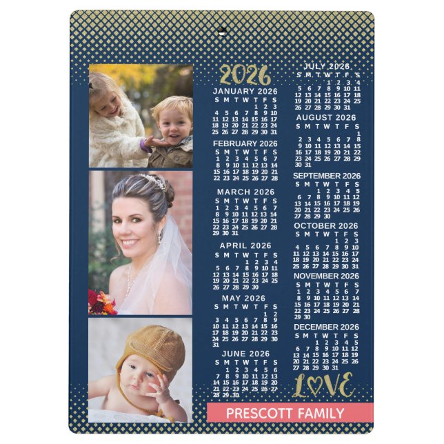2026 Calendar Navy Coral Gold Family Photo Collage Clipboard (Back)