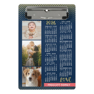 2026 Calendar Navy Coral Gold Family Photo Collage Mini Clipboard