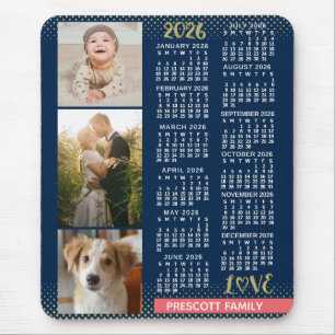 2026 Calendar Navy Coral Gold Family Photo Collage Mouse Mat