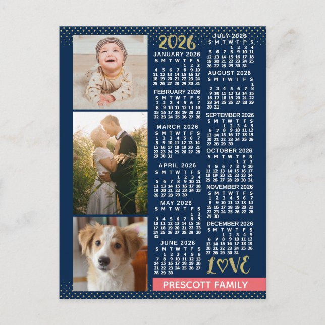 2026 Calendar Navy Coral Gold Family Photo Collage Postcard (Front)