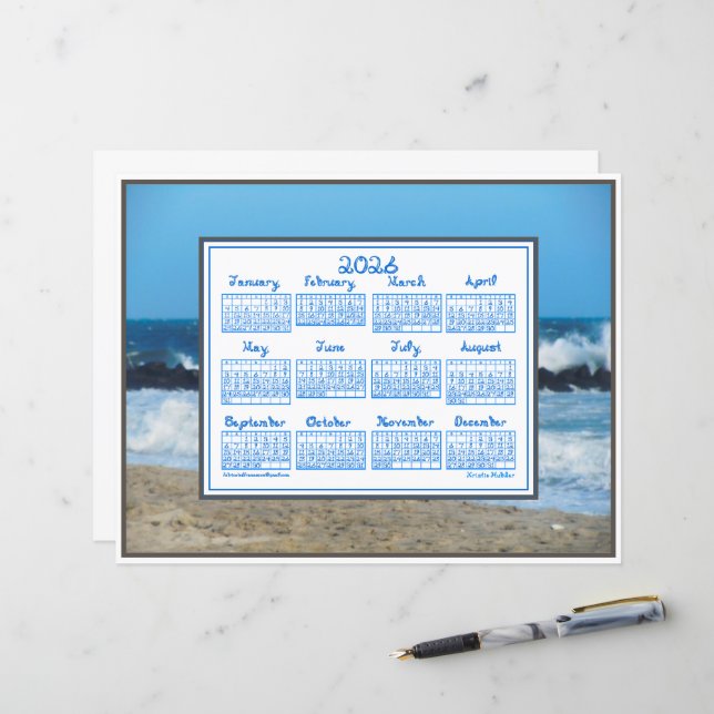 2026 Calendar Ocean Waves Beach Rocks Fabric Font (Front/Back In Situ)