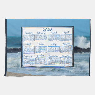 2026 Calendar Ocean Waves Beach Rocks Fabric Font Tea Towel