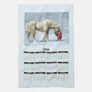 2026 Calendar of a Horse and Girl in Winter Snow Tea Towel