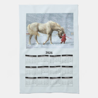 2026 Calendar of a Horse and Girl in Winter Snow Tea Towel