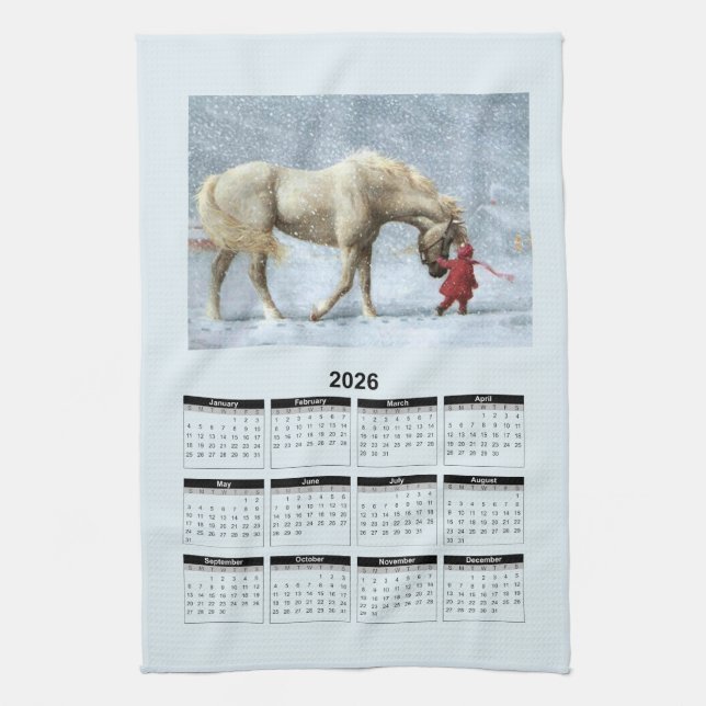 2026 Calendar of a Horse and Girl in Winter Snow Tea Towel (Vertical)