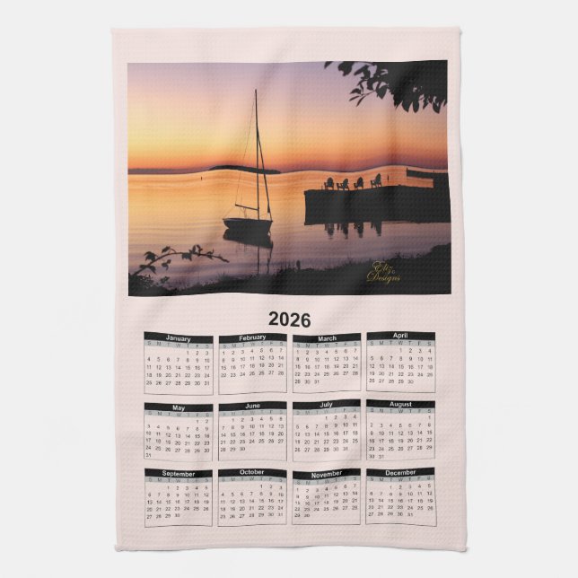 2026 Calendar of a Sunset on Lake with Silhouette  Tea Towel (Vertical)