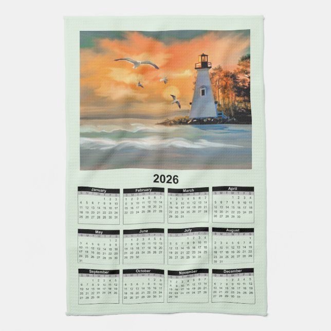 2026 Calendar of a White Lighthouse in Sunset Tea Towel (Vertical)