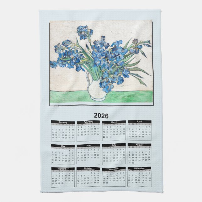 2026 Calendar of Van Gogh Blue Flowers in Vase Tea Towel (Vertical)