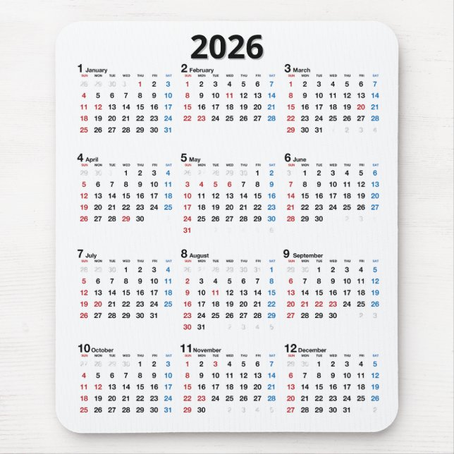 2026 Calendar On White Mouse Mat (Front)