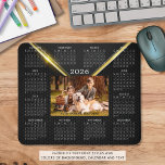 2026 Calendar One Photo Name Black Gold Mouse Mat<br><div class="desc">2026 Calendar One Photo Name Black Gold Script Mouse Pad. Stay organised in style with this personalised 2026 year-at-a-glance calendar mouse pad featuring a full 12-month calendar layout, one photo in the centre and a name or your custom text in your choice of font style and colour on a luxurious...</div>