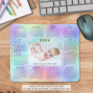 2026 Calendar One Photo Rainbow Glitter Mouse Mat