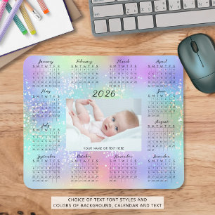 2026 Calendar One Photo Rainbow Glitter Script Mouse Mat