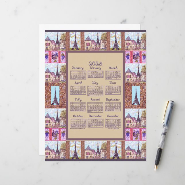 2026 Calendar Paris Eiffel Tower Pointillism Art (Front/Back In Situ)