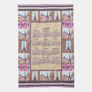2026 Calendar Paris Eiffel Tower Pointillism Art Tea Towel