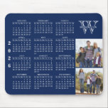 2026 Calendar Photo Collage Navy Blue Monogrammed Mouse Mat<br><div class="desc">This personalized 2026 photo calendar mouse pad is easy to customize with your pictures,  family name and an initial letter using the template. This design is in navy blue and white.</div>