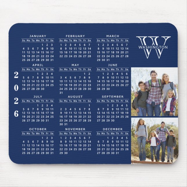 2026 Calendar Photo Collage Navy Blue Monogrammed Mouse Mat (Front)