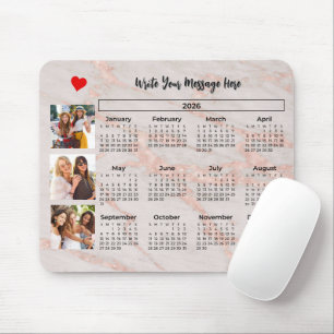 2026 Calendar Pink Marbleized Photo Collage Magnet Mouse Mat