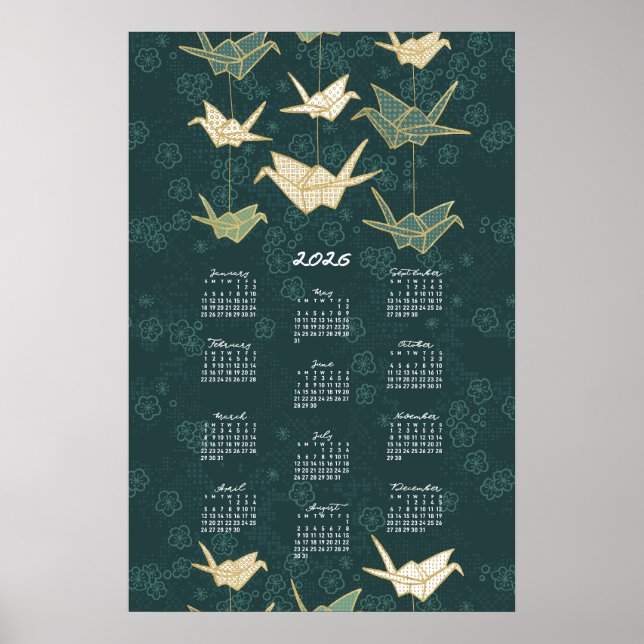 2026 Calendar Poster origami Cranes Green and Gold (Front)